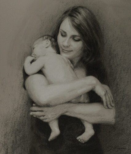 Self Portrait with Eight Week Old Daughter — charcoal on paper by Jenny Lyon